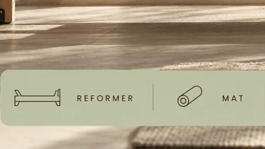 Close-up of the sage class bar: a line icon of a reformer, the label REFORMER, a rolled mat icon and MAT.