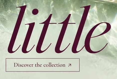 The word 'little' in plum italic serif over rippling glass, above an outlined 'Discover the collection' button