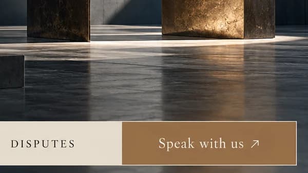 Close-up of the bronze Speak with us button beside DISPUTES, under the base of the lit bronze portal.