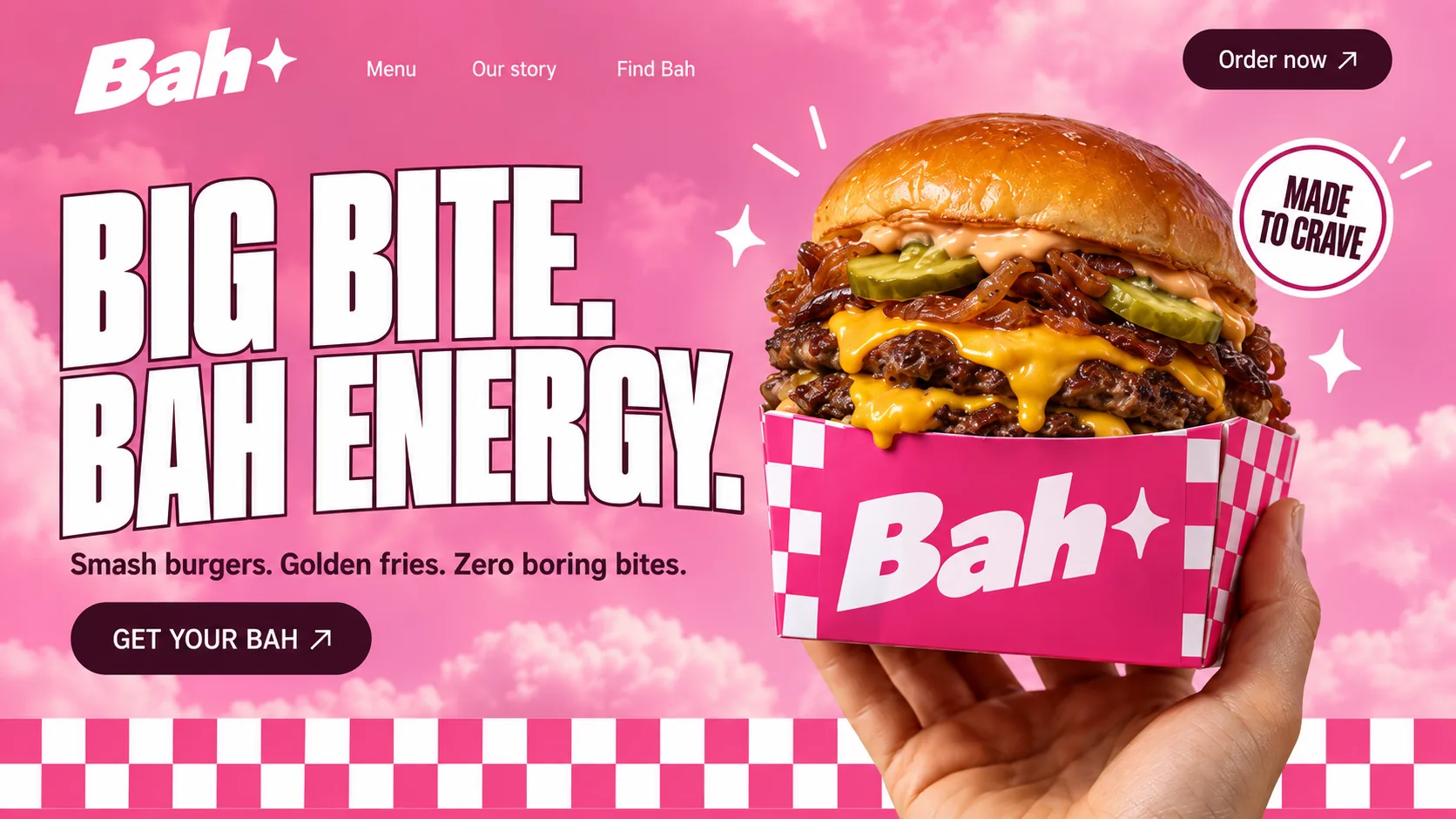 Bah smash burger website design, desktop hero: BIG BITE. BAH ENERGY. in white capitals beside a burger in a pink chequered box