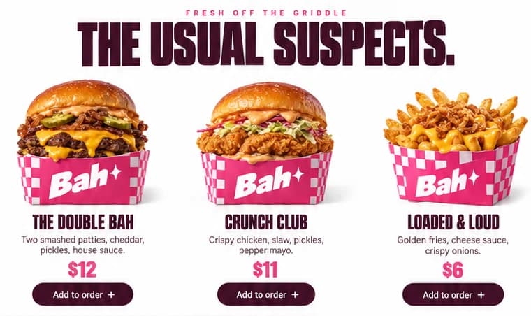 Bah menu row: The Double Bah, Crunch Club and Loaded & Loud in pink chequerboard boxes, each with Add to order