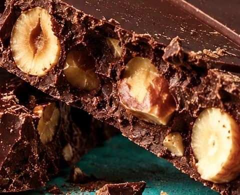 Close-up of a snapped dark chocolate bar showing whole hazelnuts halved along the broken edge.