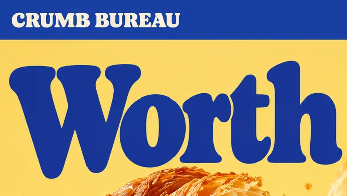 CRUMB BUREAU in cream serif capitals on a cobalt bar, above Worth in a heavy cobalt serif on butter yellow.