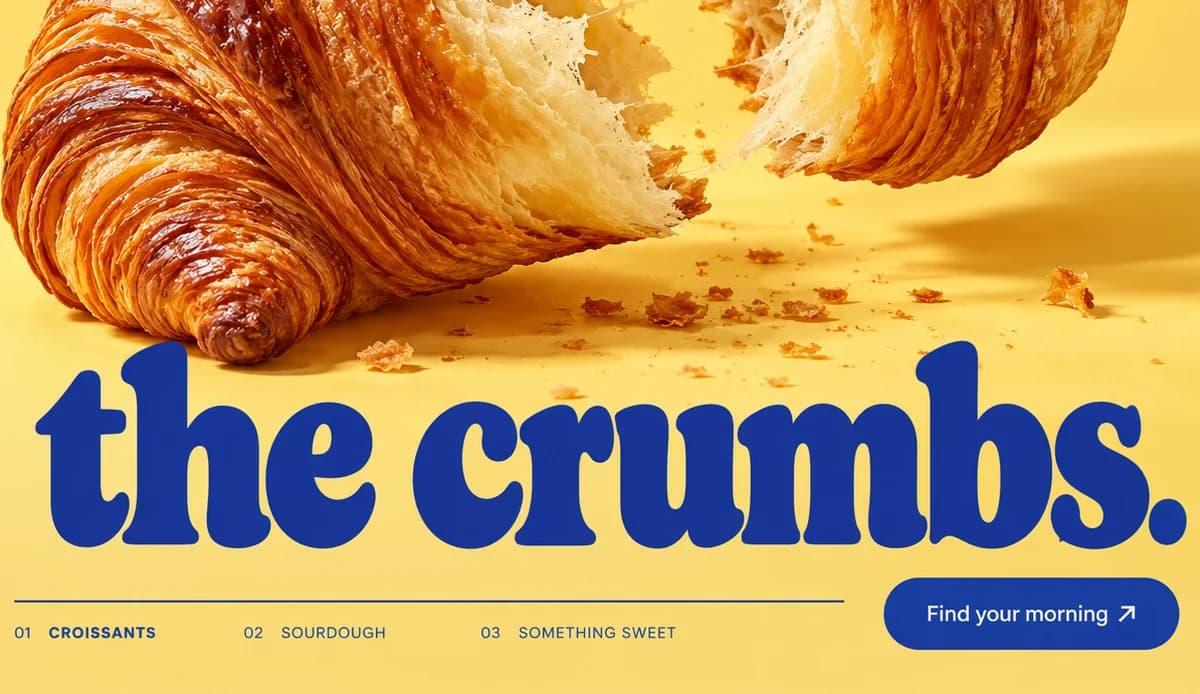 Lower half of the Crumb Bureau design: the crumbs. in cobalt serif, numbered tabs and a Find your morning button.