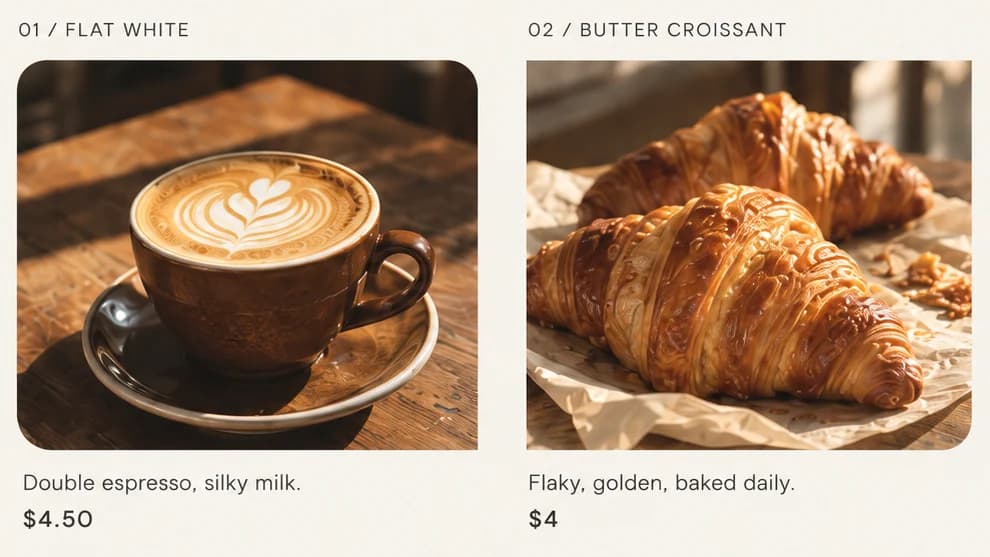 DOT. favourites close-up: 01 / FLAT WHITE and 02 / BUTTER CROISSANT, each with a rounded photo, a short line and a price