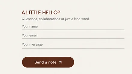 DOT. footer form close-up: A LITTLE HELLO? above underlined fields for name, email and message, and a Send a note button