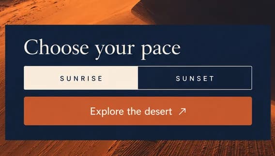 Close-up of the navy panel: Choose your pace, a Sunrise and Sunset toggle and an Explore the desert button