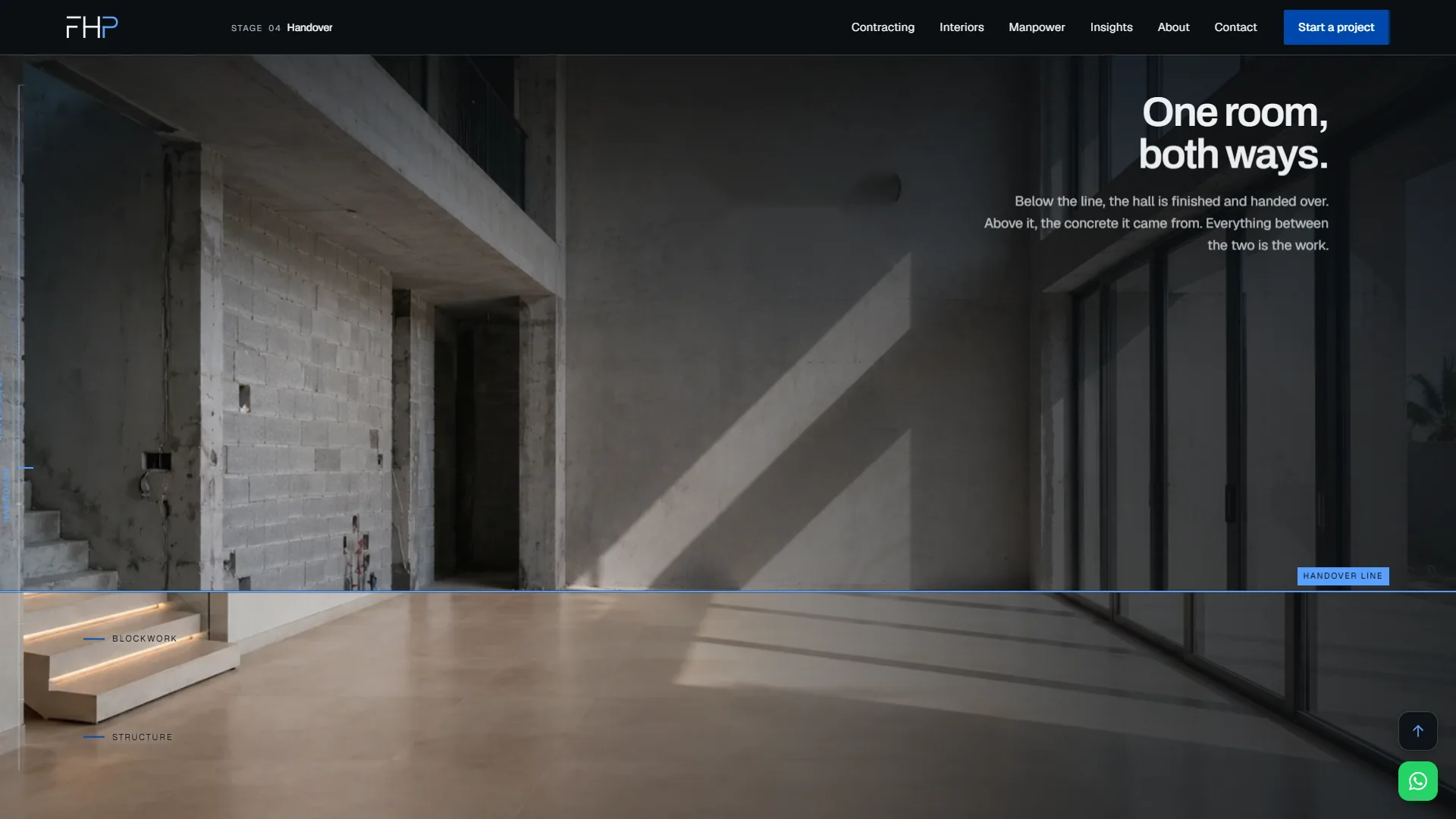Desktop section One room, both ways: a double-height hall in bare concrete above a blue handover line, finished floor below