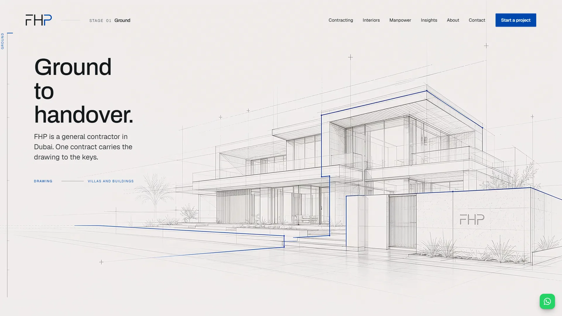 FHP General Contracting homepage on desktop: the headline Ground to handover beside a pencil sketch of a modern villa