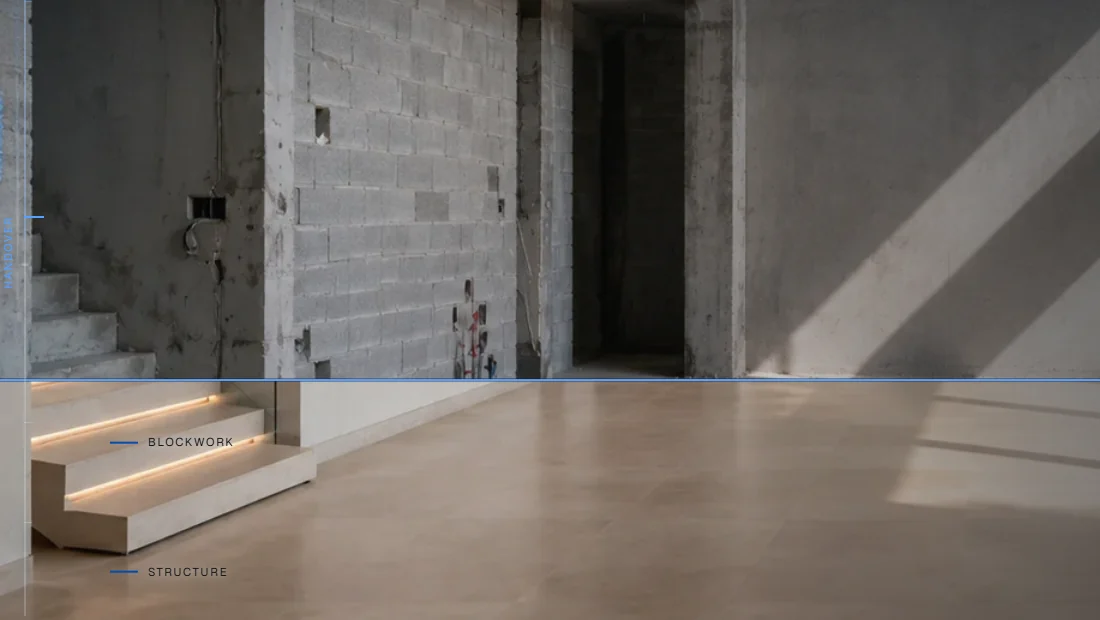 FHP handover scene: bare concrete above a blue line, finished stair with lit treads below, two stage labels