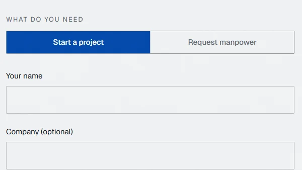FHP contact form with Start a project and Request manpower tabs above name and company fields
