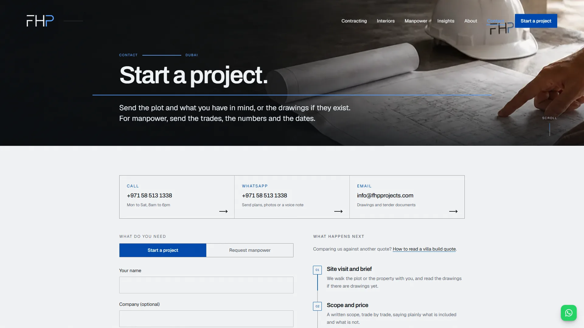 FHP contact page: Start a project headline over drawings, call, WhatsApp and email cards, and a tabbed enquiry form
