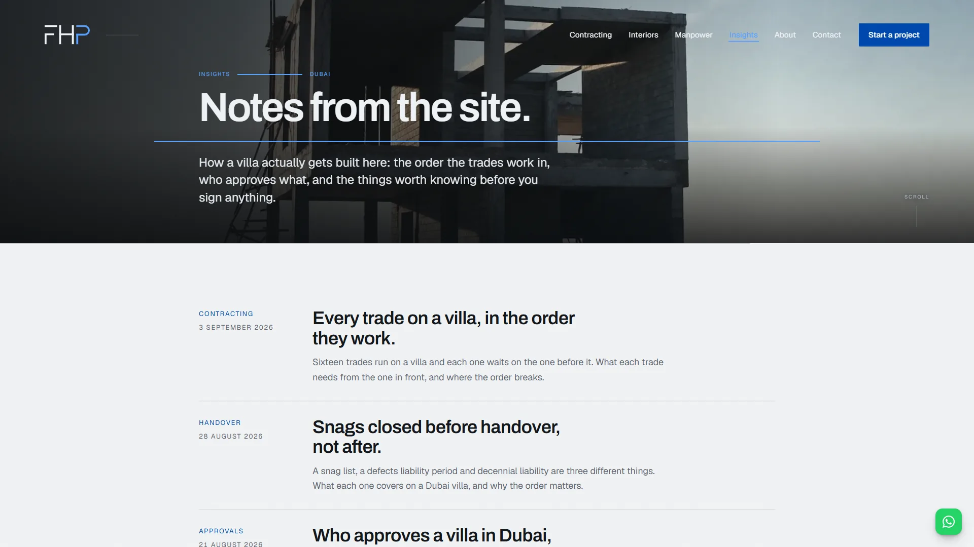 FHP Insights index: Notes from the site headline over a building frame, then dated articles on trade order and snagging