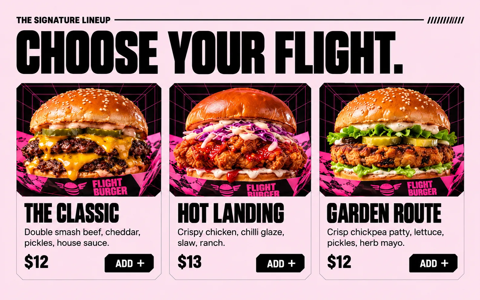 Flight Burger menu on desktop: CHOOSE YOUR FLIGHT. over three cards, The Classic, Hot Landing and Garden Route, each with an Add button