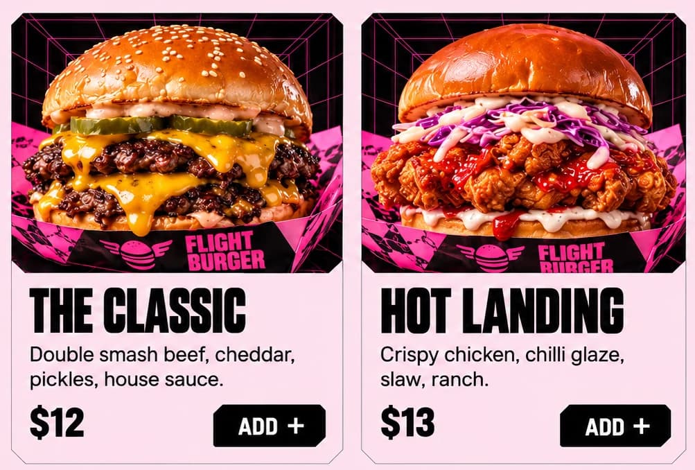 Flight Burger menu cards for The Classic and Hot Landing, each a burger over a runway grid with an ADD + button