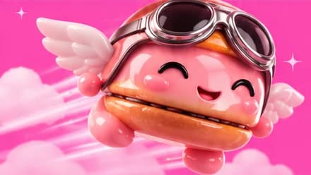 Flight Burger mascot, a pink winged burger in pilot goggles and a flying cap, flying past pink clouds and speed lines