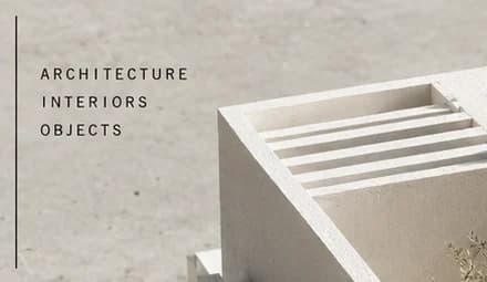 Close-up of the labels Architecture, Interiors, Objects in spaced capitals beside a thin black rule