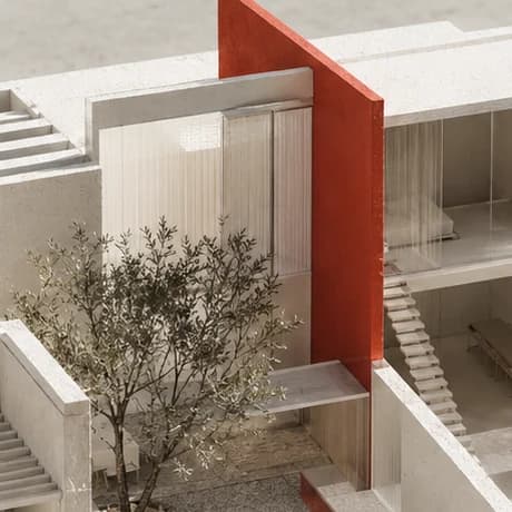 Close-up of the white model: a vermilion wall between a courtyard olive tree, stairs and fluted glass