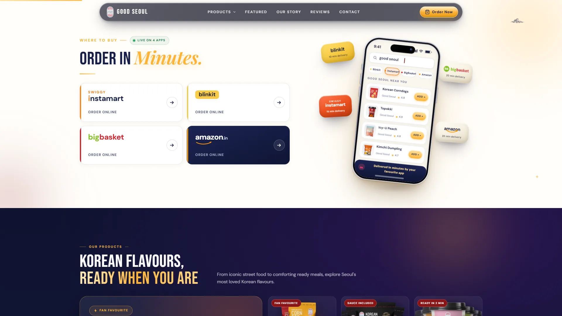 Order in Minutes section with Swiggy Instamart, Blinkit, BigBasket and Amazon cards and a phone mock-up of Good Seoul listings.