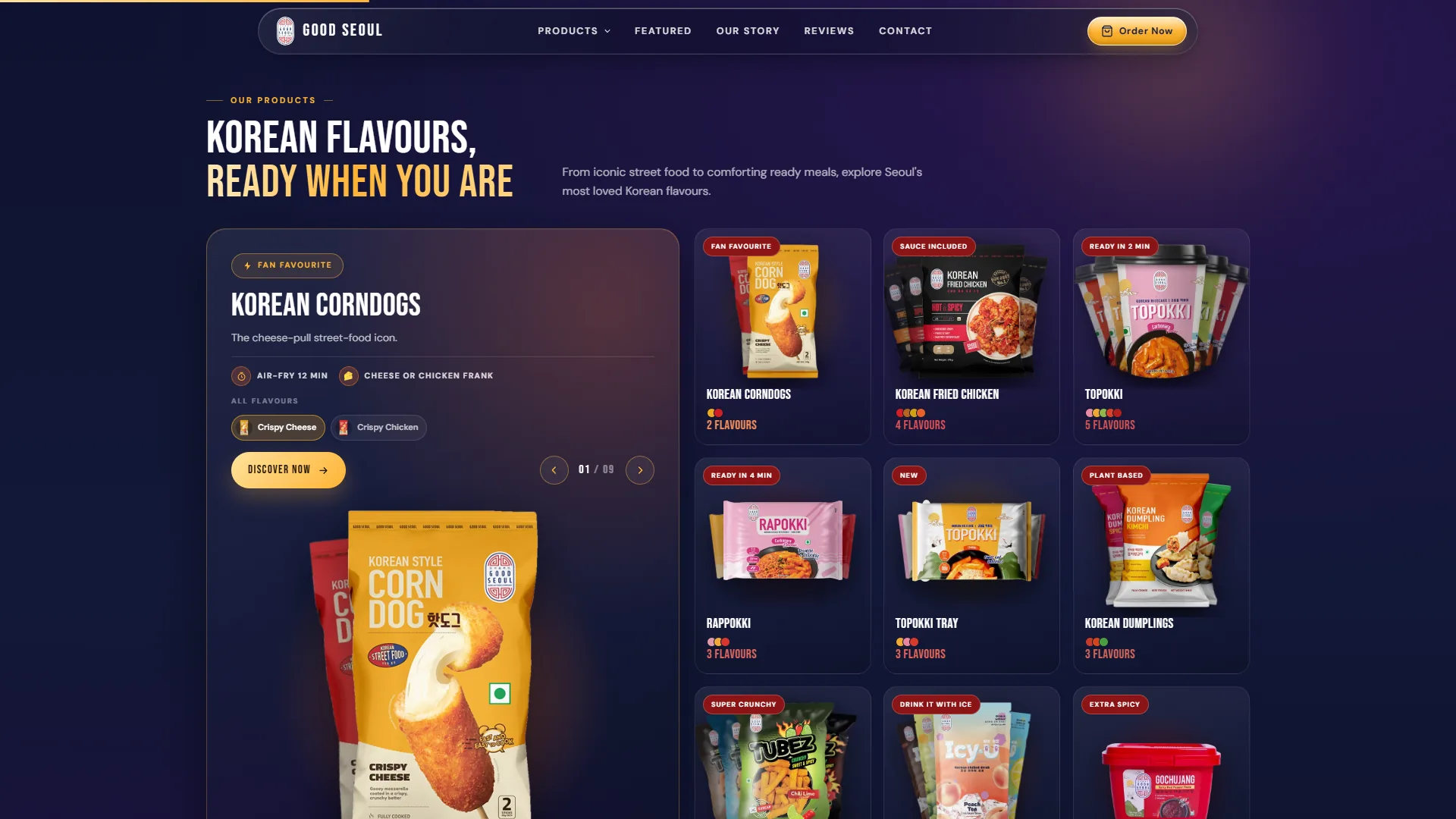 Navy product section: a Korean Corndogs feature card beside a grid of packs for fried chicken, topokki, dumplings and more.