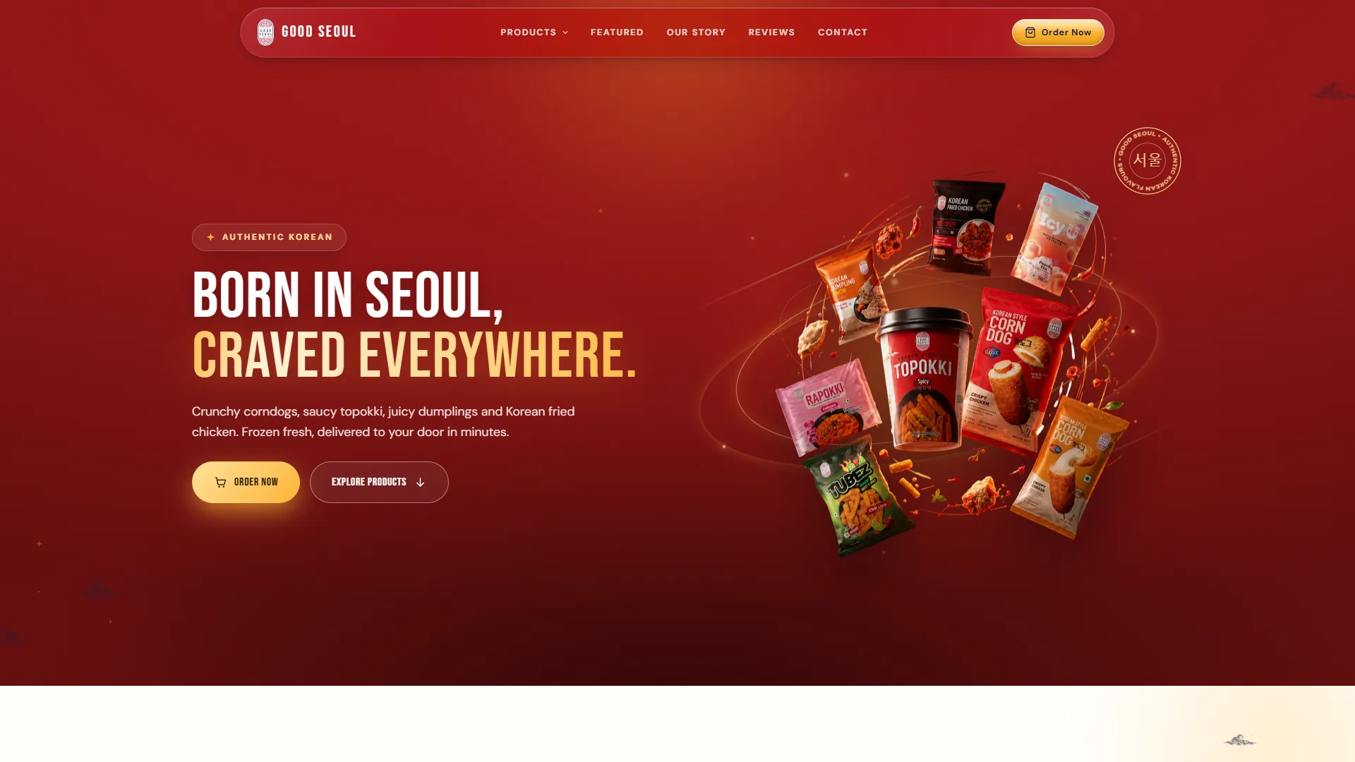 Good Seoul homepage on deep red: the headline Born in Seoul, Craved Everywhere beside a cluster of product packs.