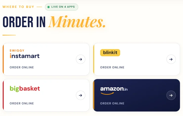 Good Seoul Where to buy: Live on 4 apps badge, ORDER IN Minutes and cards for Instamart, Blinkit, BigBasket, Amazon