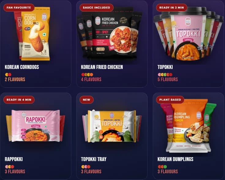 Good Seoul product grid on navy: six product cards with red badges, pack photos and flavour dots