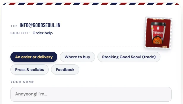 Good Seoul contact card styled as airmail: To and Subject lines, a Topokki stamp, topic chips and a name field