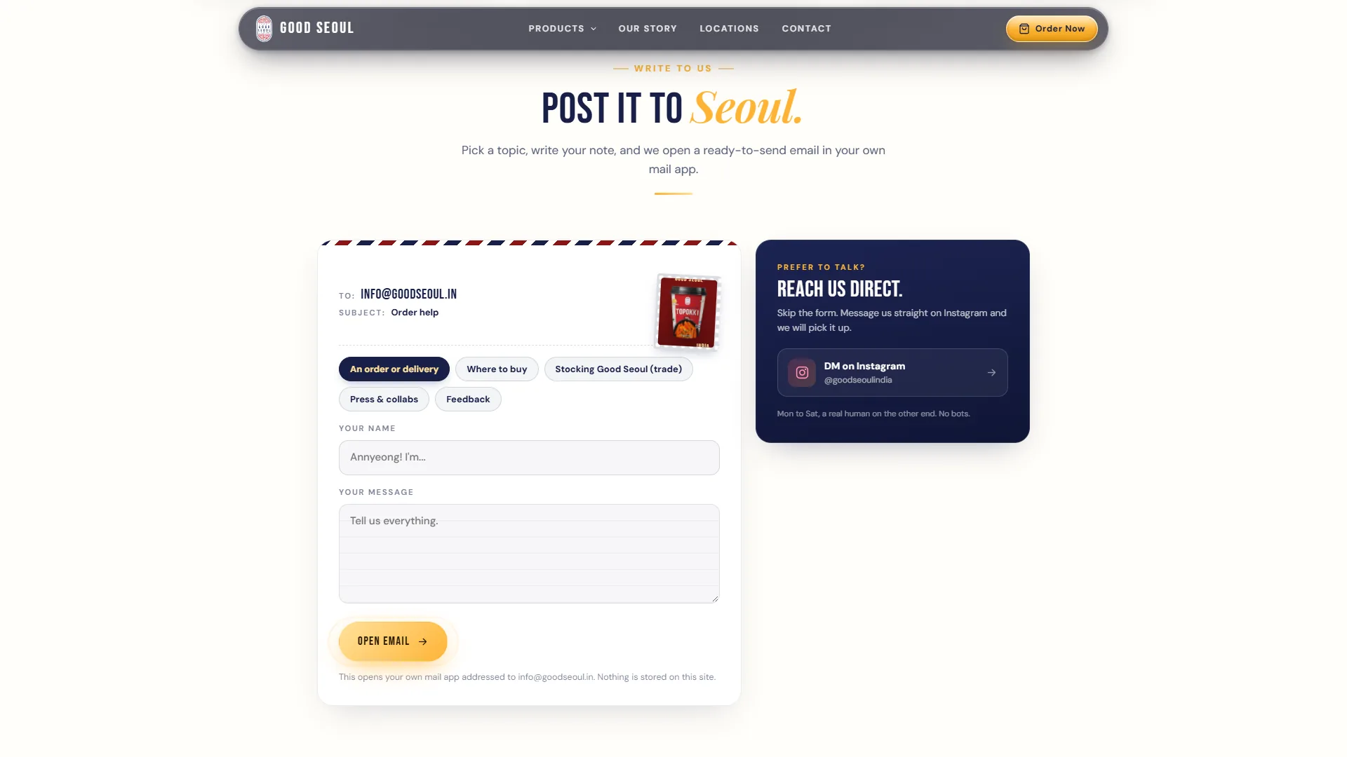 Good Seoul contact page: POST IT TO Seoul headline, an airmail-style message card and a navy Reach us direct card for Instagram