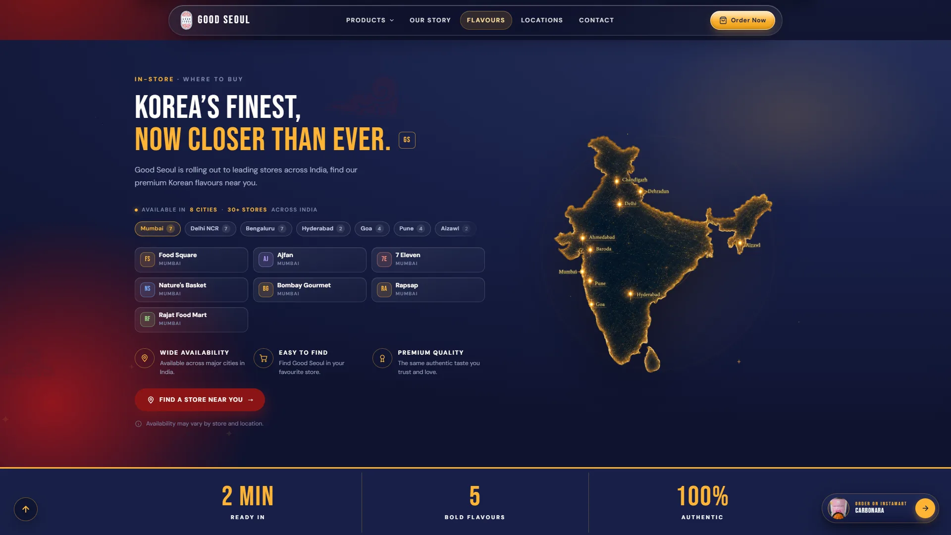 Good Seoul stockist section on navy: KOREA'S FINEST, NOW CLOSER THAN EVER, city chips, store cards and a lit map of India