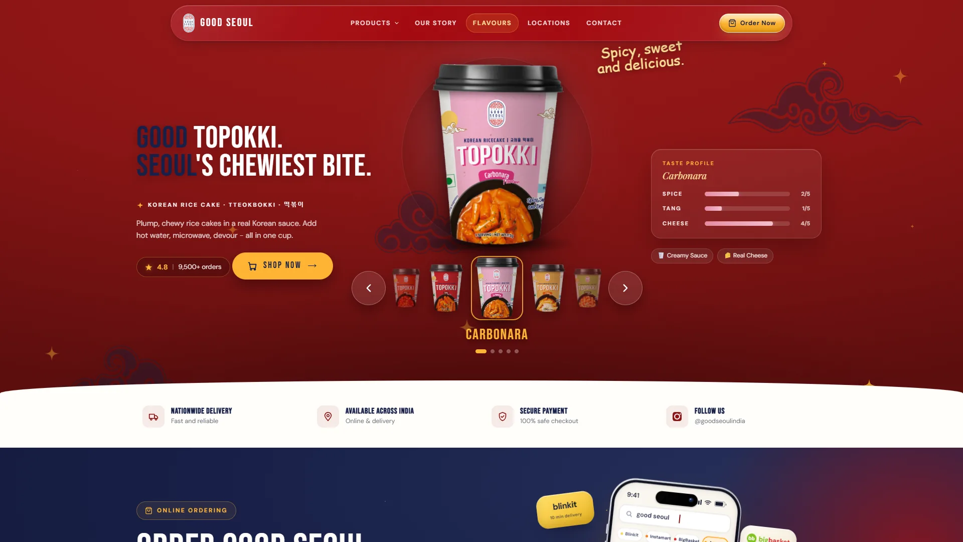 Good Seoul Topokki page: GOOD TOPOKKI. SEOUL'S CHEWIEST BITE. headline, a pink Carbonara cup, flavour carousel and taste profile card