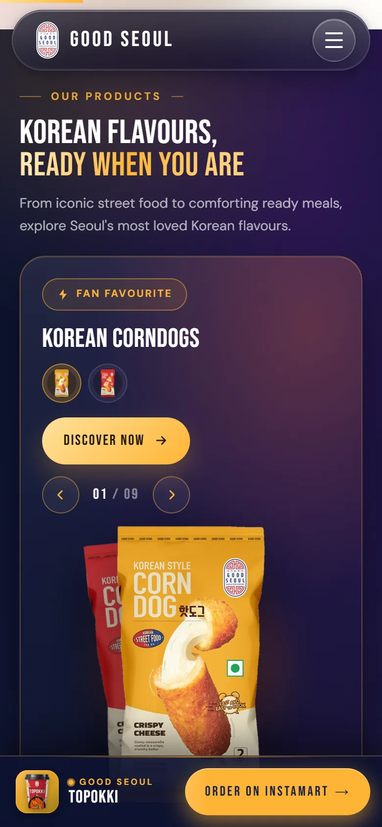 Mobile Our Products section: the Korean Flavours heading and Korean Corndogs card, with a sticky Order on Instamart bar below.