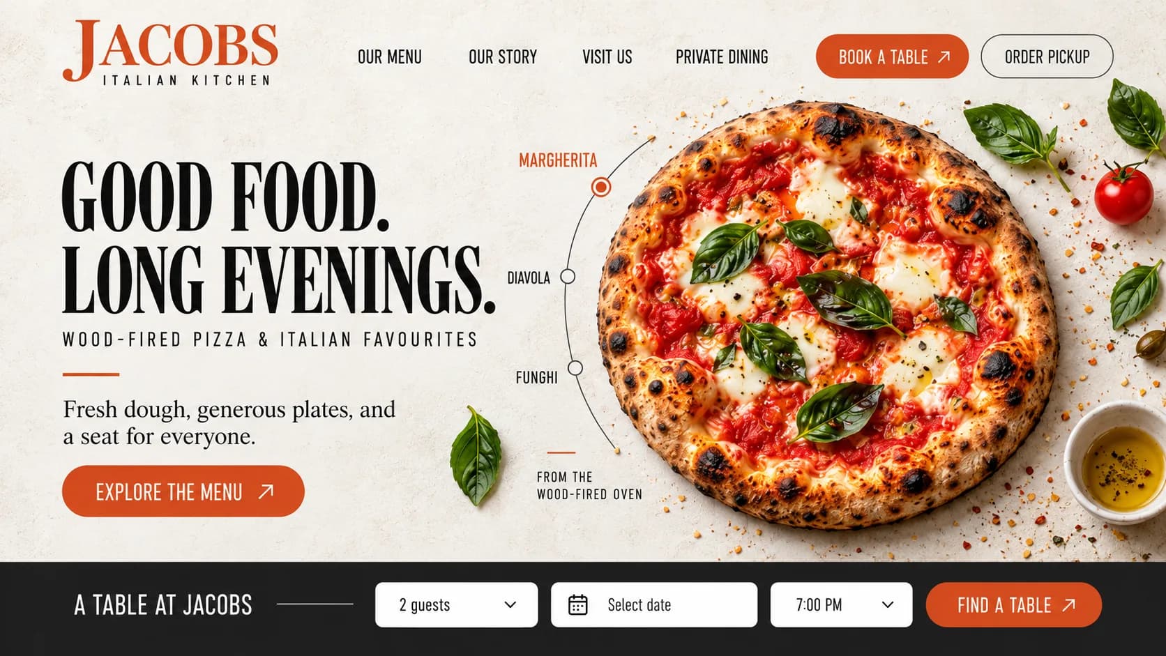 Jacobs Italian Kitchen website design, desktop hero: GOOD FOOD. LONG EVENINGS. beside a Margherita, a table booking bar below