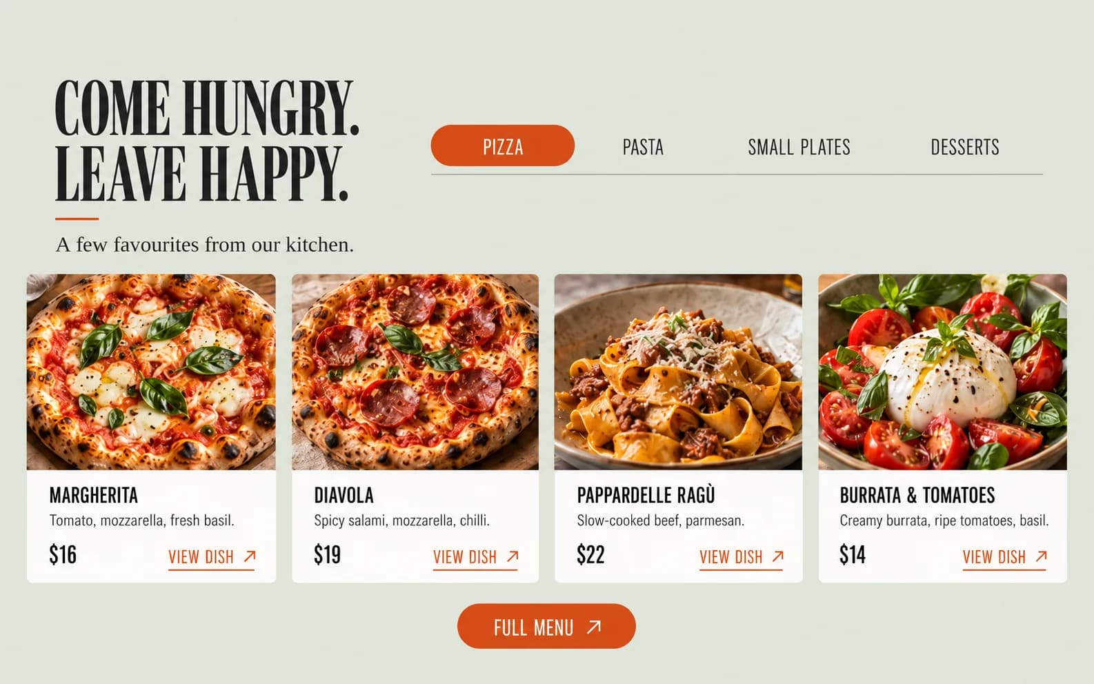 Jacobs menu on desktop: COME HUNGRY. LEAVE HAPPY. with tabs for pizza, pasta, small plates and desserts over four dish cards