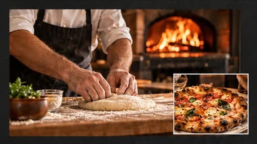 Jacobs story band close-up: hands kneading dough before a wood-fired oven, a framed pizza photo laid over the corner