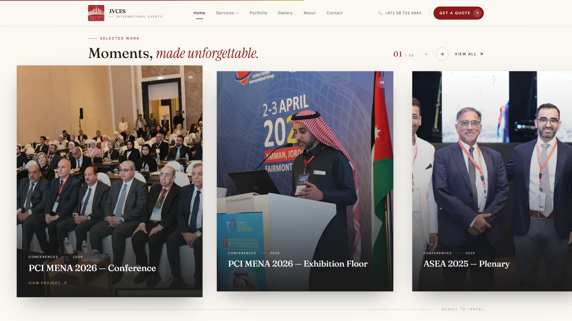 Selected work section showing photo cards for PCI MENA 2026 and ASEA 2025 on a light background.