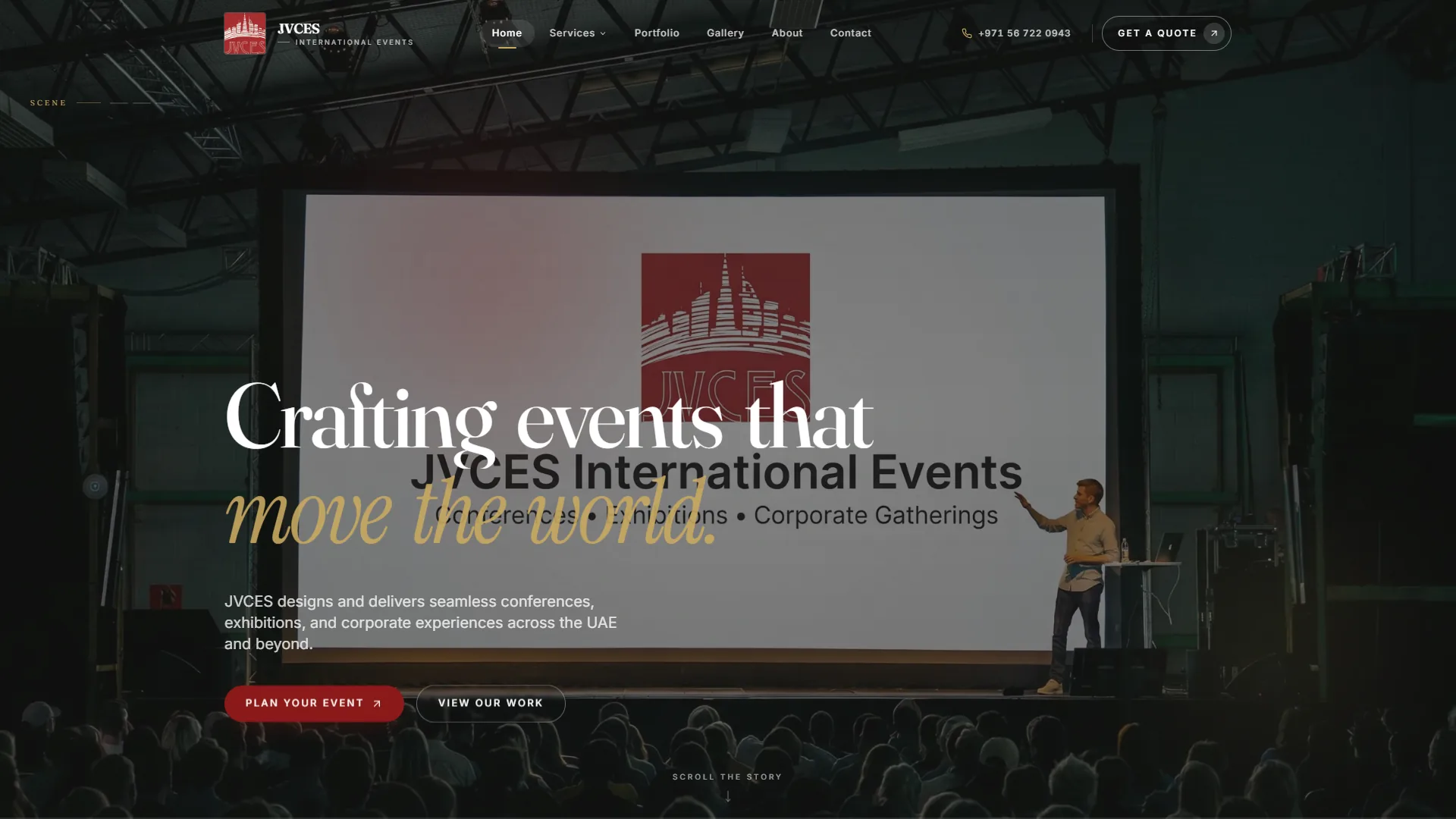 JVCES homepage at desktop width: the headline Crafting events that move the world over a stage photo, with Plan your event button.