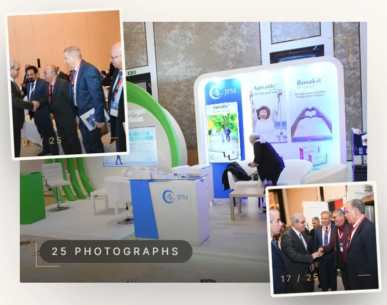 JVCES Gallery on a phone: PCI MENA 2026 cover of an exhibition stand with two tilted photo frames and a photo count pill