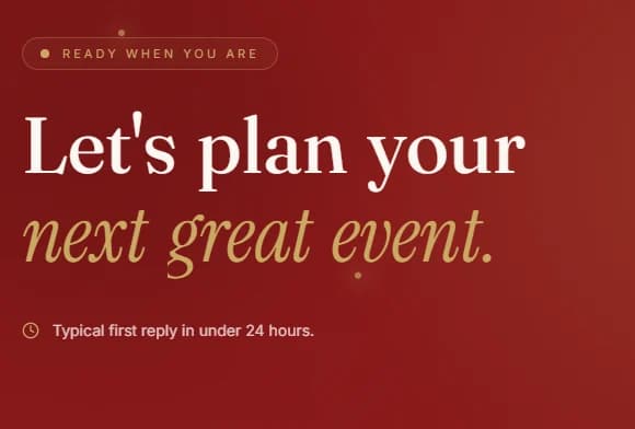 JVCES closing band: Ready when you are pill above the headline Let's plan your next great event in white and gold