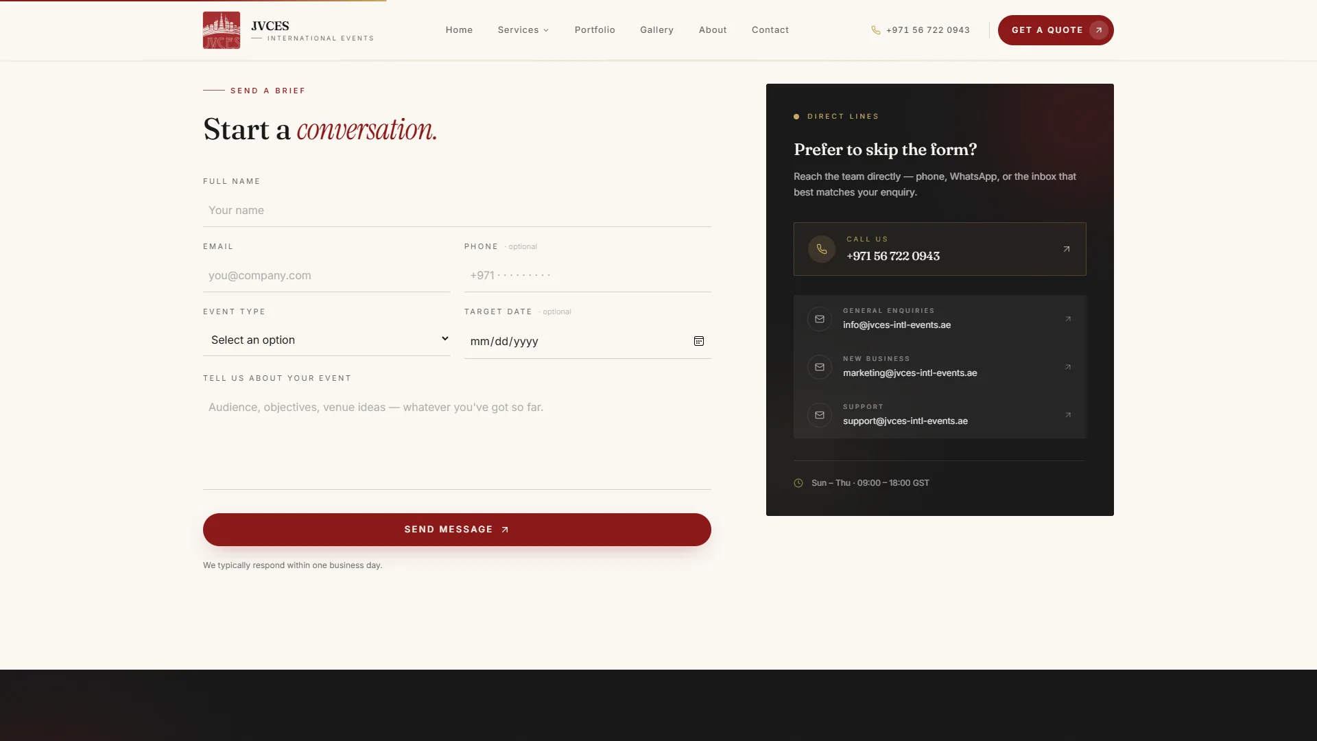 JVCES contact page at desktop width: Start a conversation form on the left, a Prefer to skip the form card with phone and three inboxes