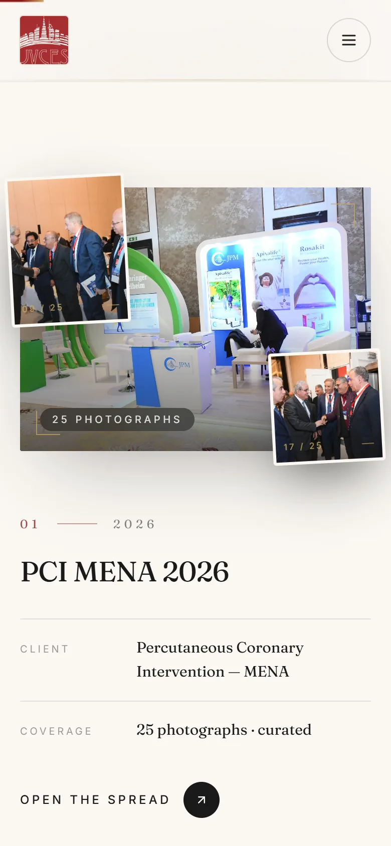 Gallery page on a phone: the PCI MENA 2026 entry with a photo collage, client name, 25 photographs and an Open the spread link.
