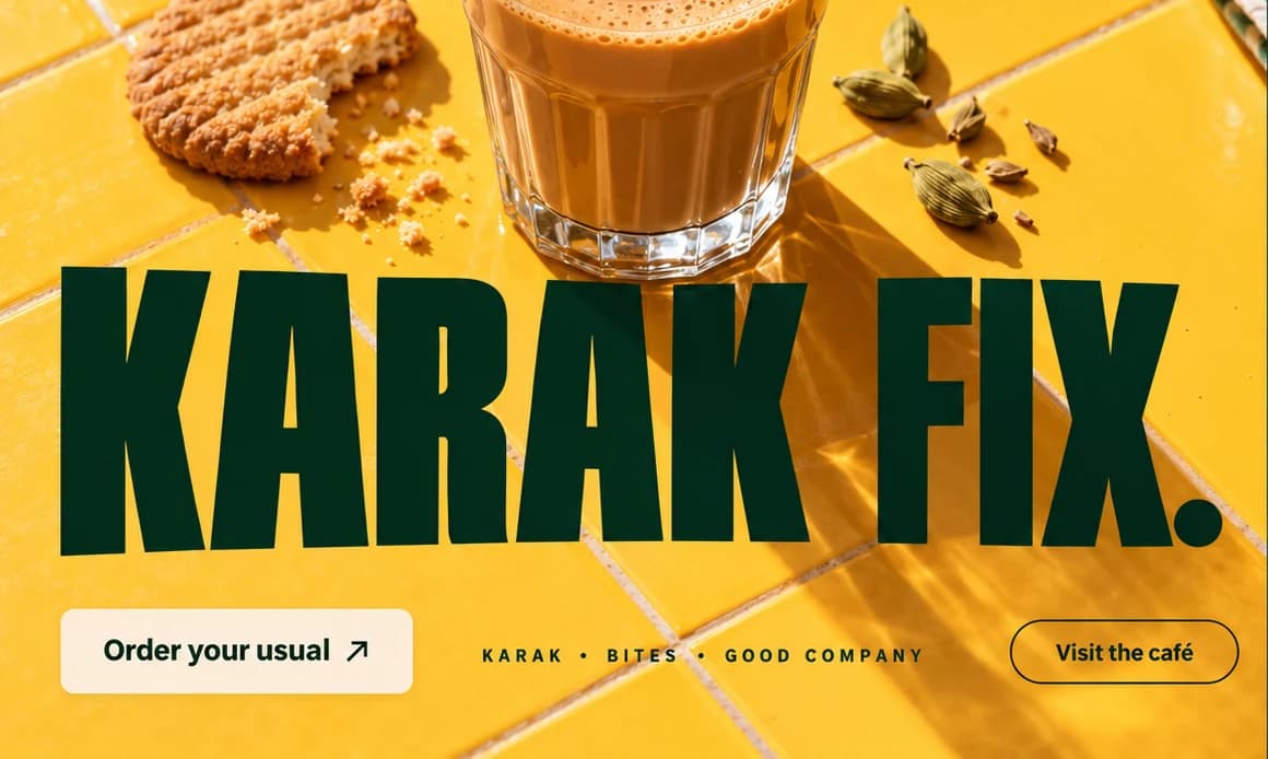 Lower half of the Karak Social design: KARAK FIX. in tall green capitals over Order your usual and Visit the café.