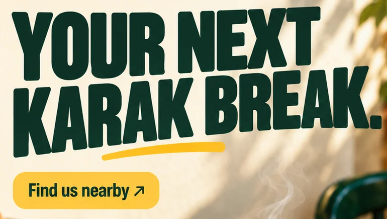 YOUR NEXT KARAK BREAK. in heavy dark green capitals with a yellow swoosh, above a yellow Find us nearby button.