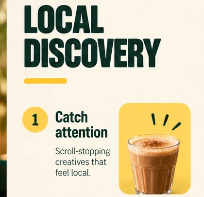 LOCAL DISCOVERY heading above step 1, Catch attention, with a thumbnail of karak on a yellow tile.