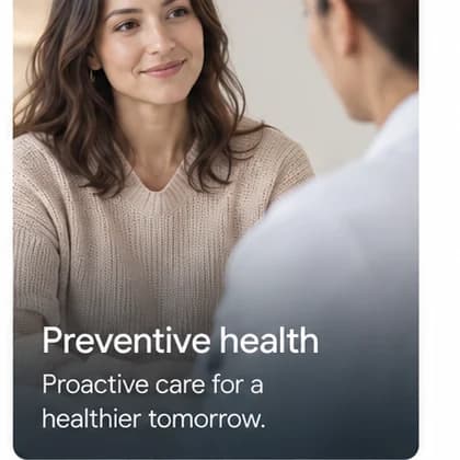 Me health design close-up: Preventive health card showing a smiling woman in cream knitwear talking to a clinician