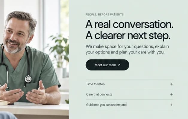 Me health design close-up: clinician in sage scrubs beside a mint panel headed A real conversation.