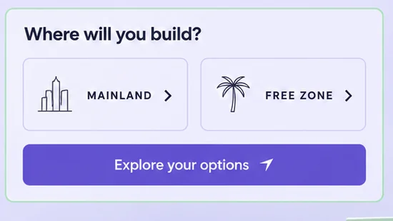 Close-up of the Where will you build? card: MAINLAND and FREE ZONE tiles above a violet Explore your options button.