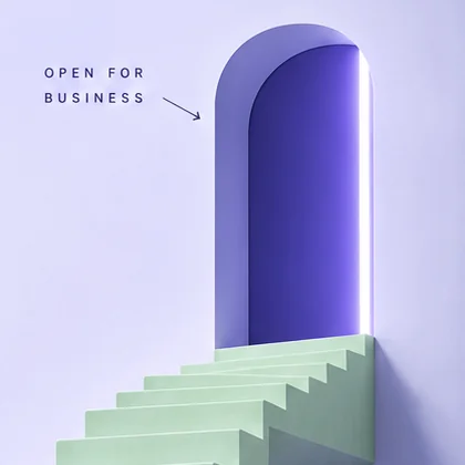 Close-up of an arched violet doorway at the top of sage stairs, with the caption OPEN FOR BUSINESS and an arrow.