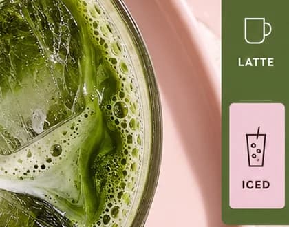 Moss green rail with a mug icon labelled LATTE and a selected pink tile showing an iced cup labelled ICED.