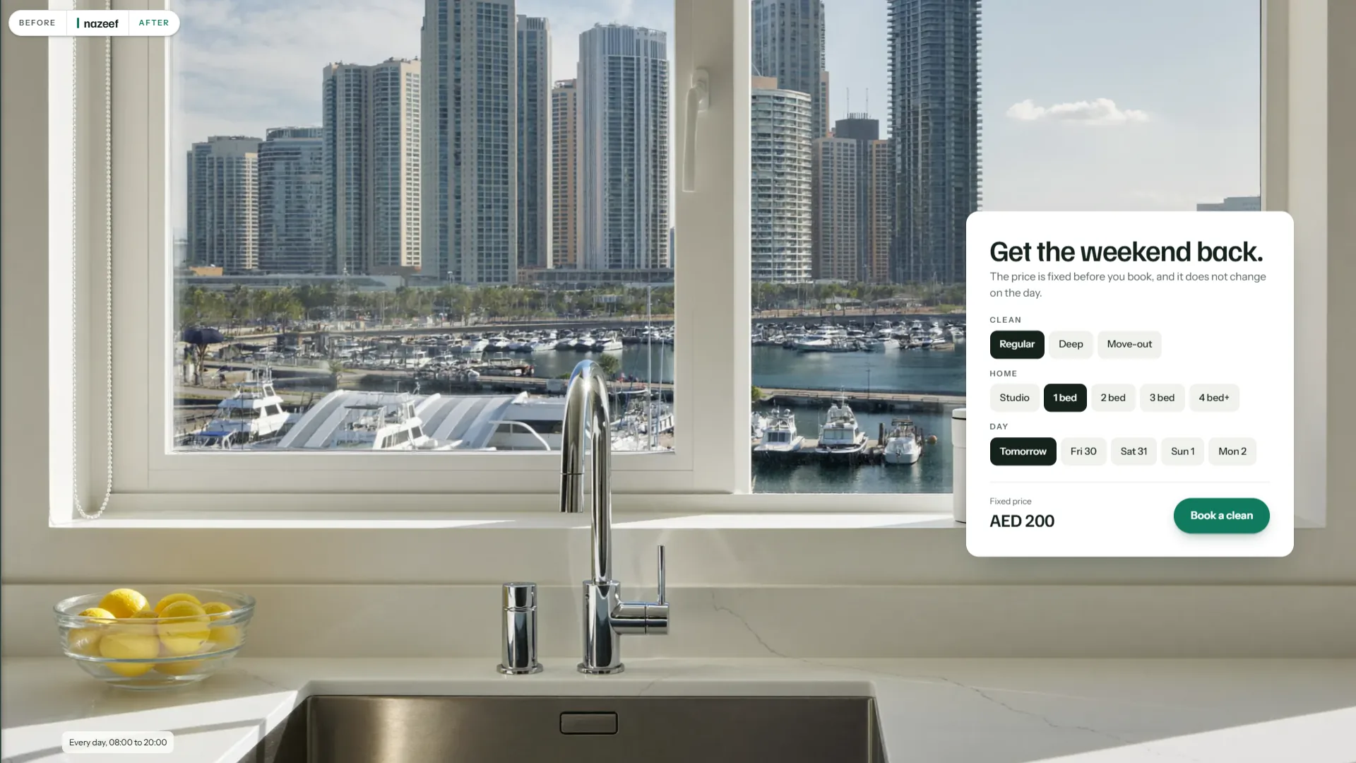 Nazeef Home Care: the booking panel over the clean kitchen, with the clean, the home size, the day and a fixed price